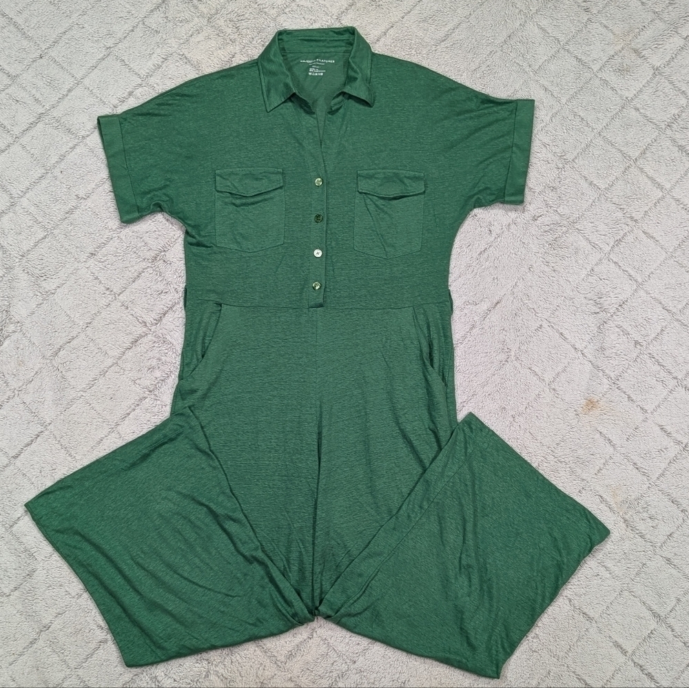 Majestic Filatures Jumpsuit Womens 1 S Green Linen Wide Straight Leg V Neck